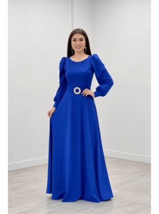 Crepe Fabric Belt Detailed Evening Dress Sax Blue