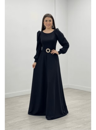 Crepe Fabric Evening Dress With Belt Detail Black