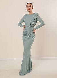 Lined Silvery Long Dress With Smocked Front Mint Green