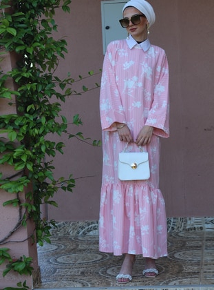 Pink - Floral - Unlined - Modest Dress - Uruba Giyim