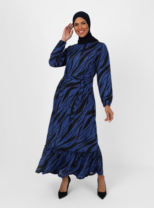 Saxe Blue - Floral - Unlined - Crew neck - Plus Size Dress - GELİNCE
