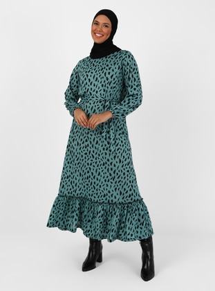 Green - Floral - Unlined - Crew neck - Plus Size Dress - GELİNCE