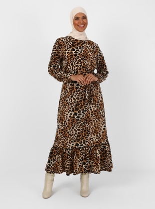 Brown - Leopard - Unlined - Crew neck - Plus Size Dress - GELİNCE