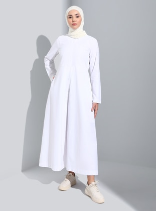 Gizli Düğme Poplin Detaylı Tesettür Elbise - Off White - Benin