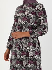 Maroon - Floral - Unlined - Crew neck - Plus Size Dress