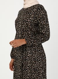 Brown - Leopard - Unlined - Crew neck - Plus Size Dress