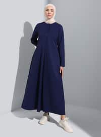 Navy Blue - Crew neck - Unlined - Modest Dress