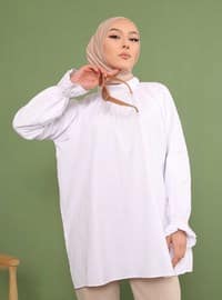 Collar Shirred Tunic With Elastic Sleeves White