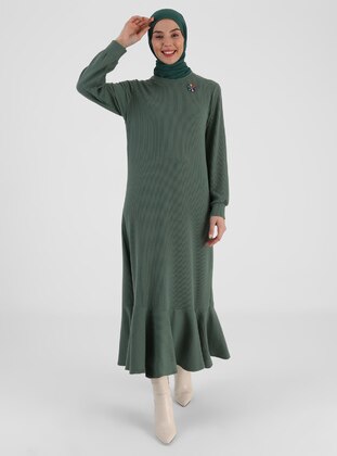 Plain Knitwear Modest Dress Dark Green