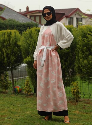 White - Pink - Multi - Unlined - Modest Dress - Uruba Giyim