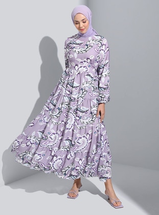Multi Color - Floral - Crew neck - Fully Lined - Modest Dress - Refka