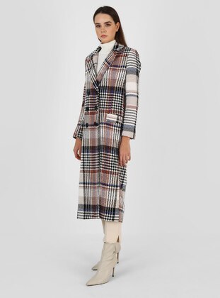 Beige Patterned - Plaid - Fully Lined - Double-Breasted - Coat - SENSE