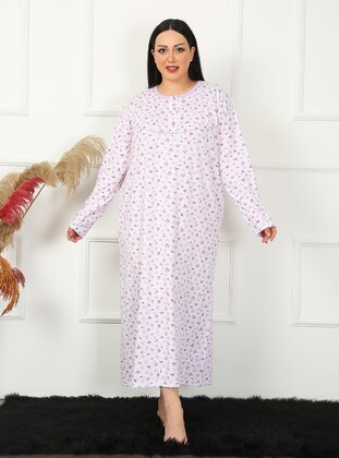 Plus Size Long Sleeve Mom Nightgown Fuchsia White