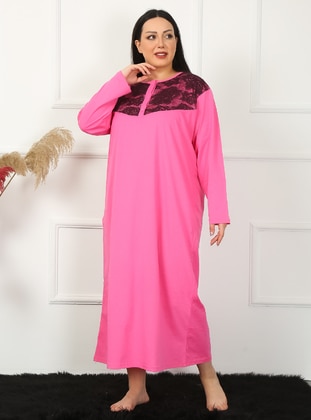 Plus Size Long Sleeve Lace Mother Nightgown Fuchsia