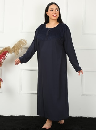Plus Size Long Sleeve Lace Mother's Nightgown Navy Blue