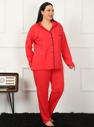 Red - V neck Collar - Pyjama Set  - Akbeniz