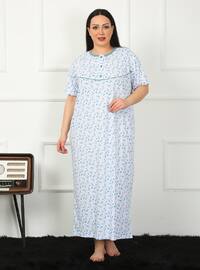 Plus Size Short Sleeve Mom Nightgown White Blue