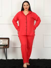 Red - V neck Collar - Pyjama Set