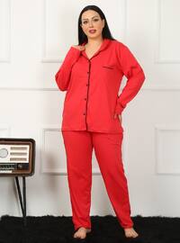 Red - V neck Collar - Pyjama Set