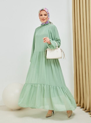 Mint Green - Crew neck - Fully Lined - Modest Dress - SAHRA BUTİK