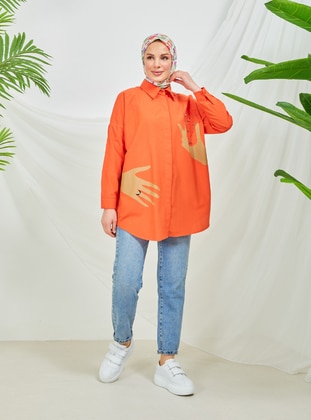 Orange - Printed - Point Collar - Tunic - SAHRA BUTİK