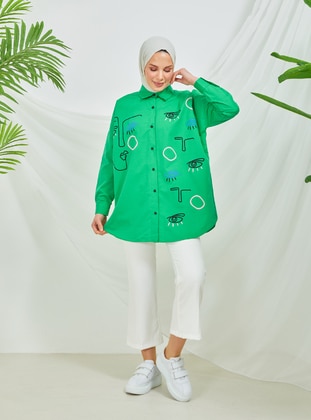 Green - Printed - Point Collar - Tunic - SAHRA BUTİK