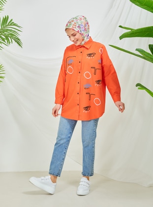 Orange - Printed - Point Collar - Tunic - SAHRA BUTİK