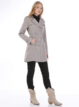Grey - Fully Lined - Double-Breasted - Trench Coat - Jamila