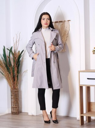 Grey - Fully Lined - Double-Breasted - Trench Coat - Jamila