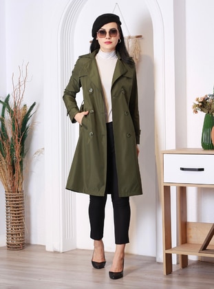 Green - Fully Lined - Double-Breasted - Trench Coat - Jamila