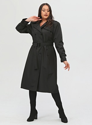 Black - Fully Lined - Double-Breasted - Trench Coat - Jamila