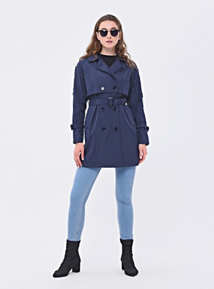 Navy Blue - Fully Lined - Double-Breasted - Trench Coat - Jamila