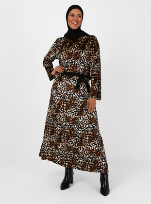 Dark Coffe Brown - Leopard - Unlined - Crew neck - Plus Size Dress - GELİNCE