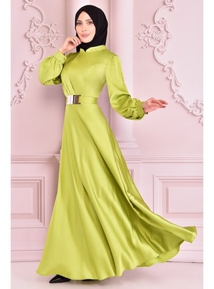 Belt Detailed Satin Evening Dress Pistachio Green Nev14861