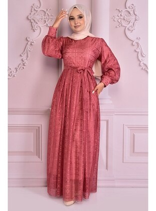 Belt Detailed Lace Evening Dress Rose Color Nev14926