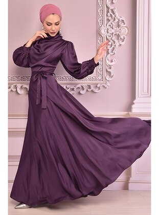 Belt Detailed Satin Evening Dress Purple Nev14823