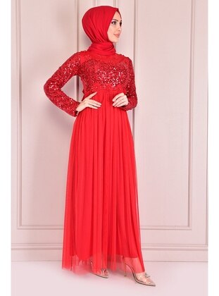 Red - Modest Evening Dress - Moda Merve