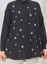 Black - Floral - Point Collar - Tunic