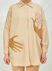 Printed Point Collar Tunic Set Biscuit