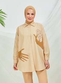 Printed Point Collar Tunic Set Biscuit