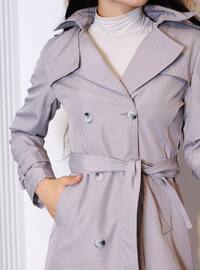 Grey - Fully Lined - Double-Breasted - Trench Coat
