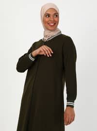 V neck Collar - Khaki - Unlined - Stripe - V neck Collar - Unlined - Plus Size Abaya