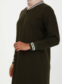 V neck Collar - Khaki - Unlined - Stripe - V neck Collar - Unlined - Plus Size Abaya