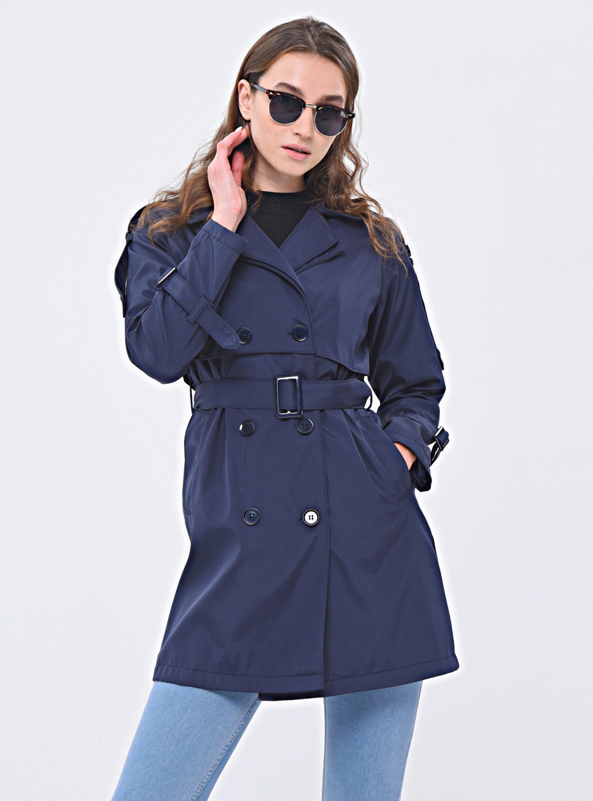 Navy Blue - Fully Lined - Double-Breasted - Trench Coat