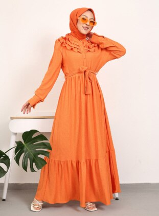 Orange - Crew neck - Unlined - Modest Dress - Nergis Neva