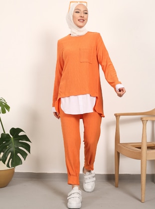 Orange - Unlined - Crew neck - Suit - Nergis Neva