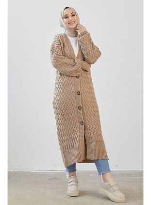 Arene Long Knitted Button Down Sweater Cardigan Camel