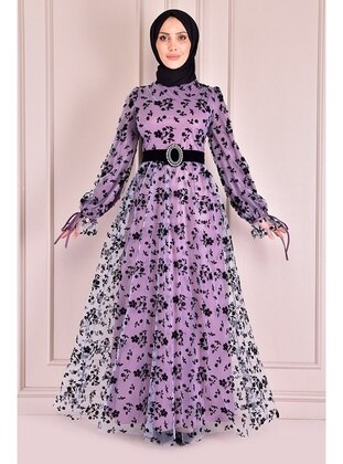 Belt Detailed Tulle Dress Lilac Asm2486