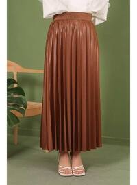Dark Tan Pleated Leather Look Skirt