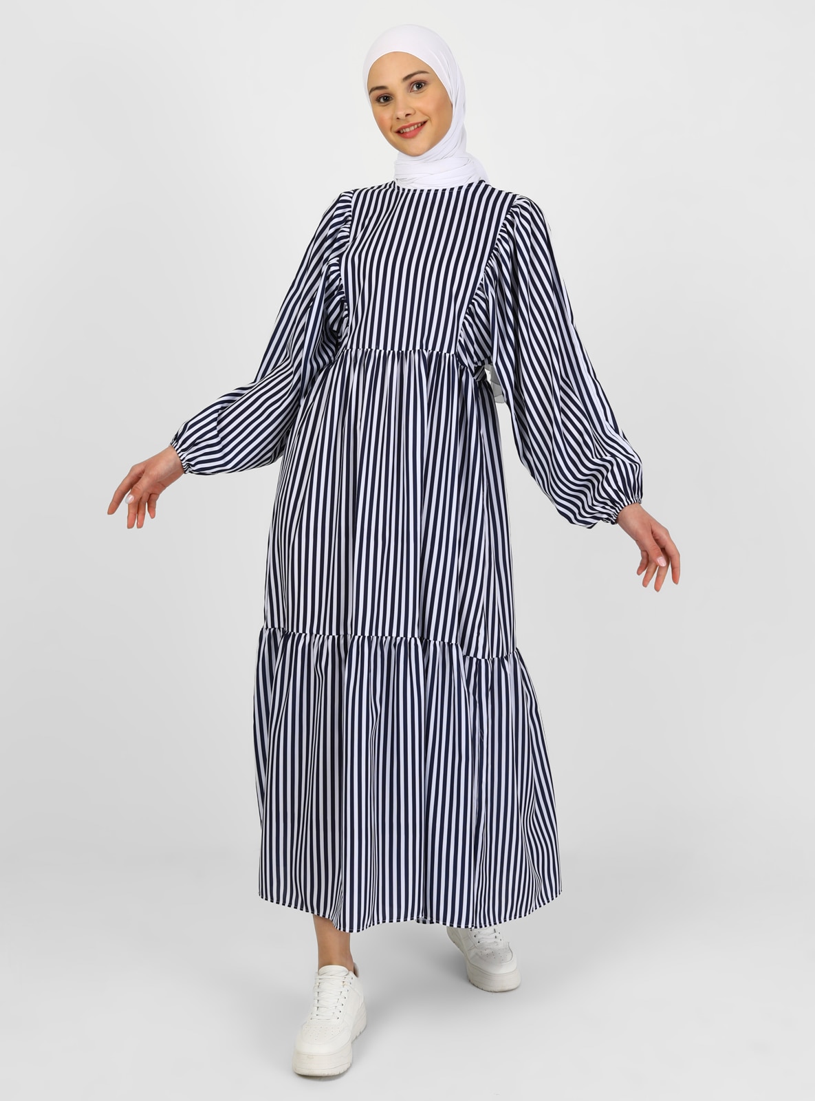 Navy Blue Striped - Stripe - Crew neck - Unlined - Modest Dress